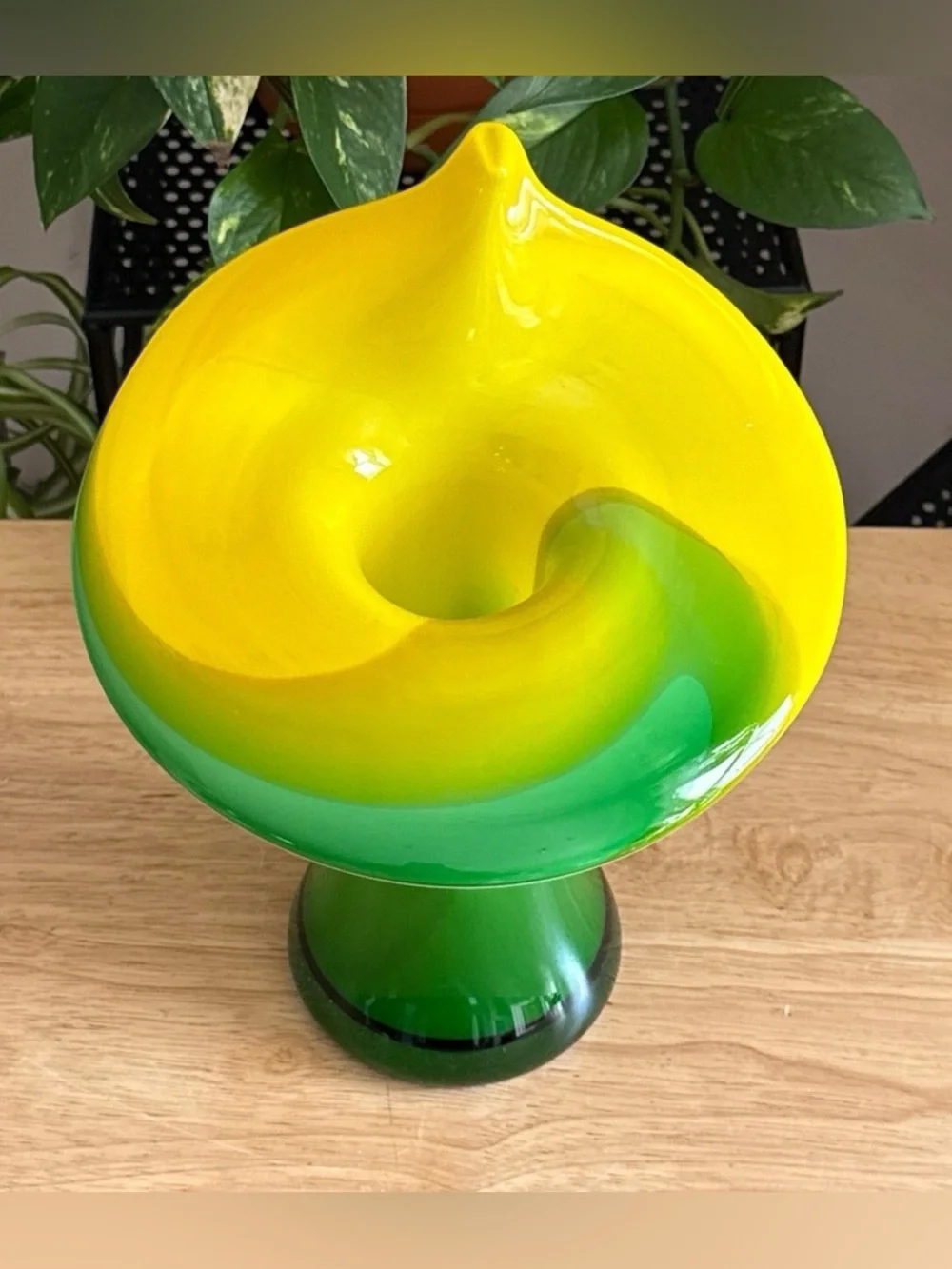 Vintage Art Glass Jack in the Pulpit Vase Green Yellow Cased Mid Century Modern